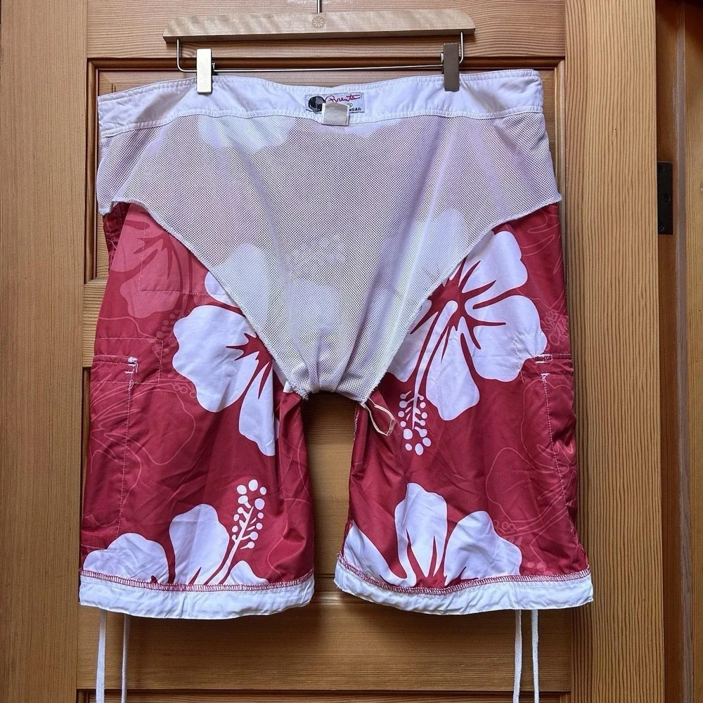 VTG Brents Surf Wear Swim Cargo Board Shorts Mens XL Lined Red Hawaiian Beach